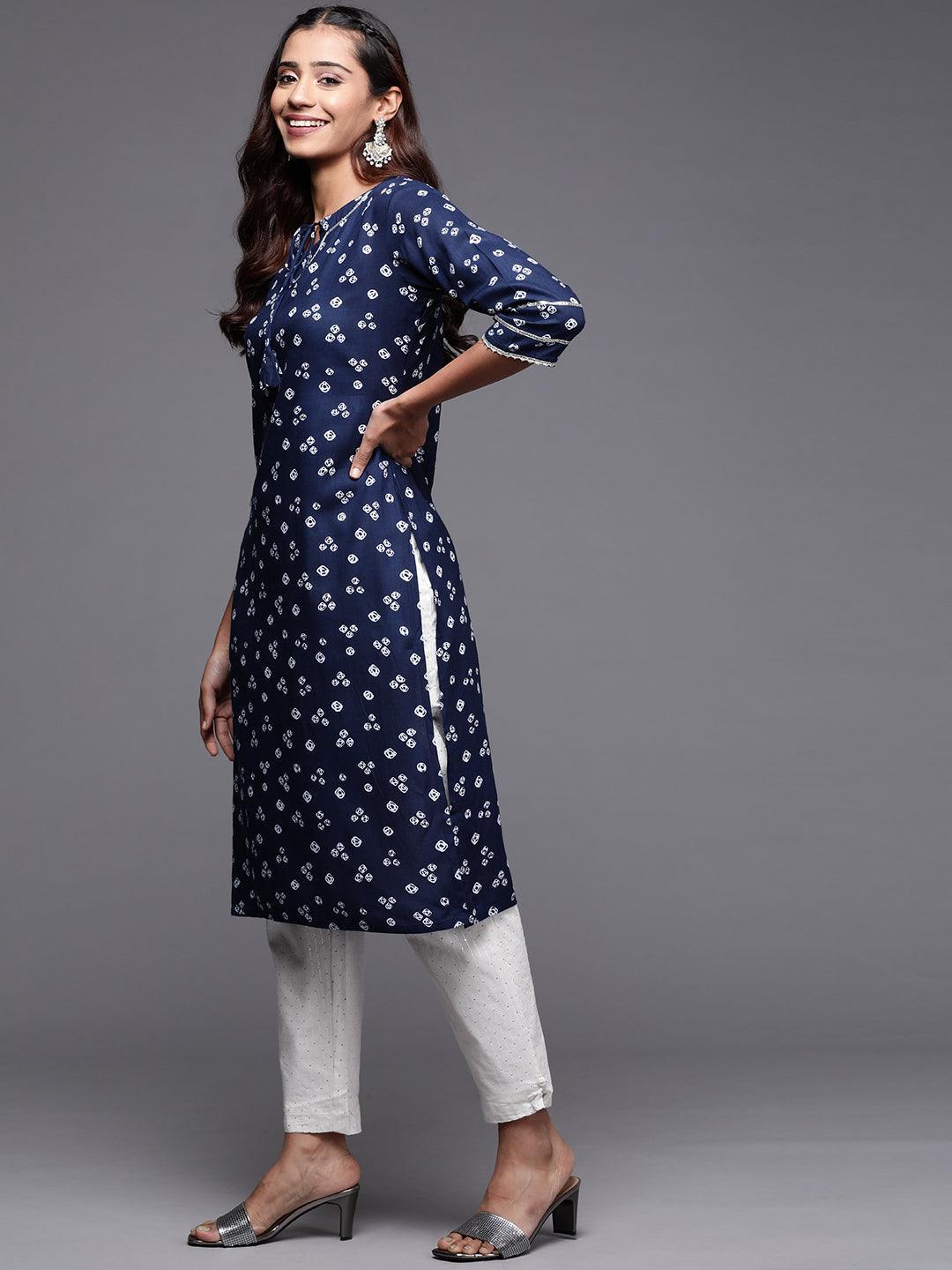 Navy Blue Printed Rayon Straight Kurta