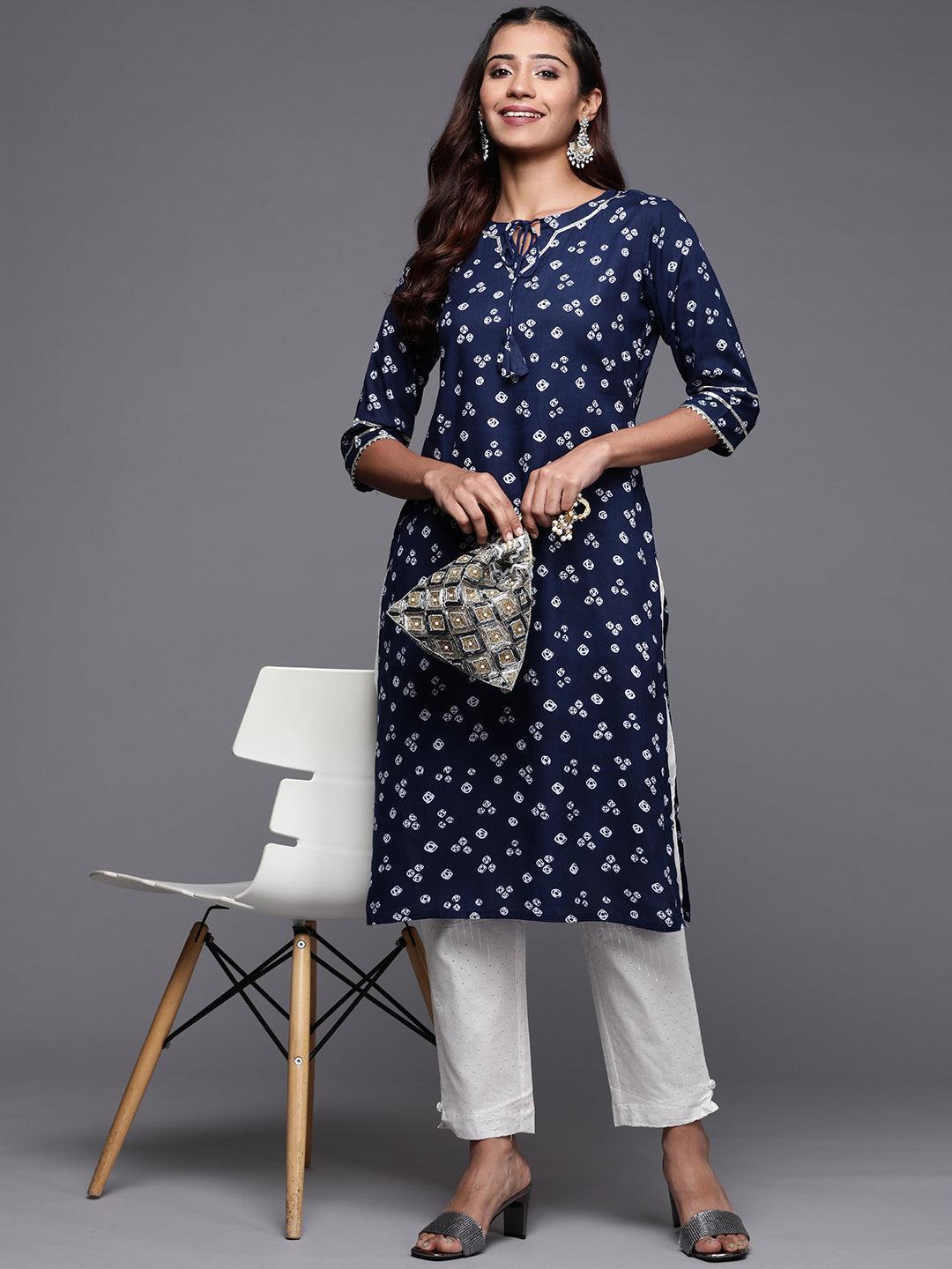 Navy Blue Printed Rayon Straight Kurta