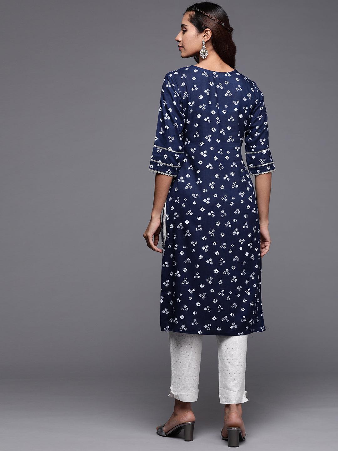 Navy Blue Printed Rayon Straight Kurta