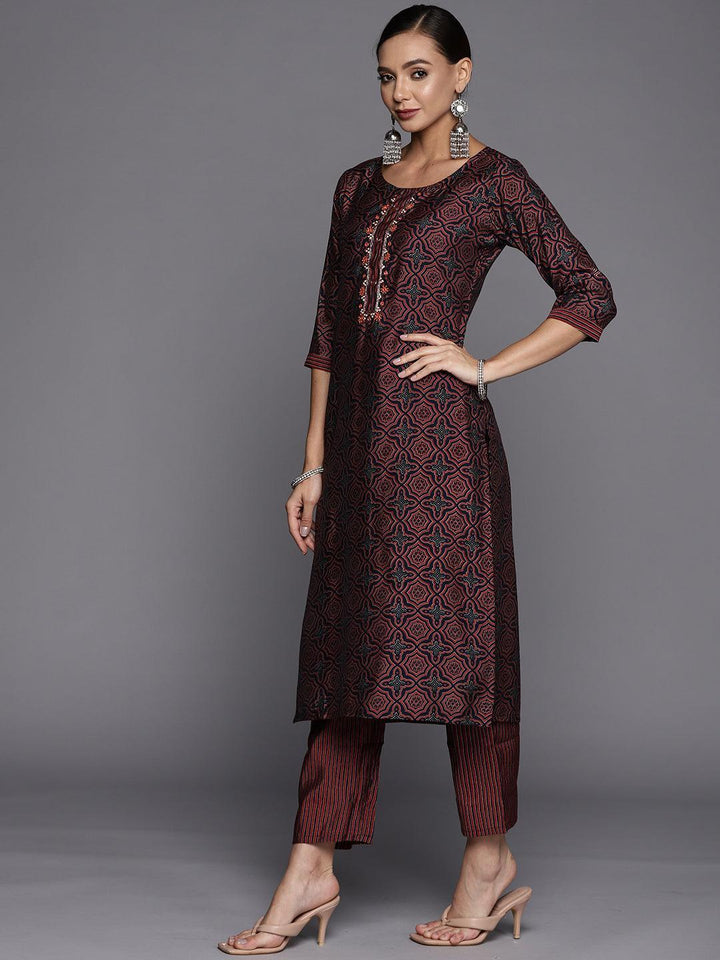 Navy Blue Printed Silk Blend Straight Suit Set - ShopLibas