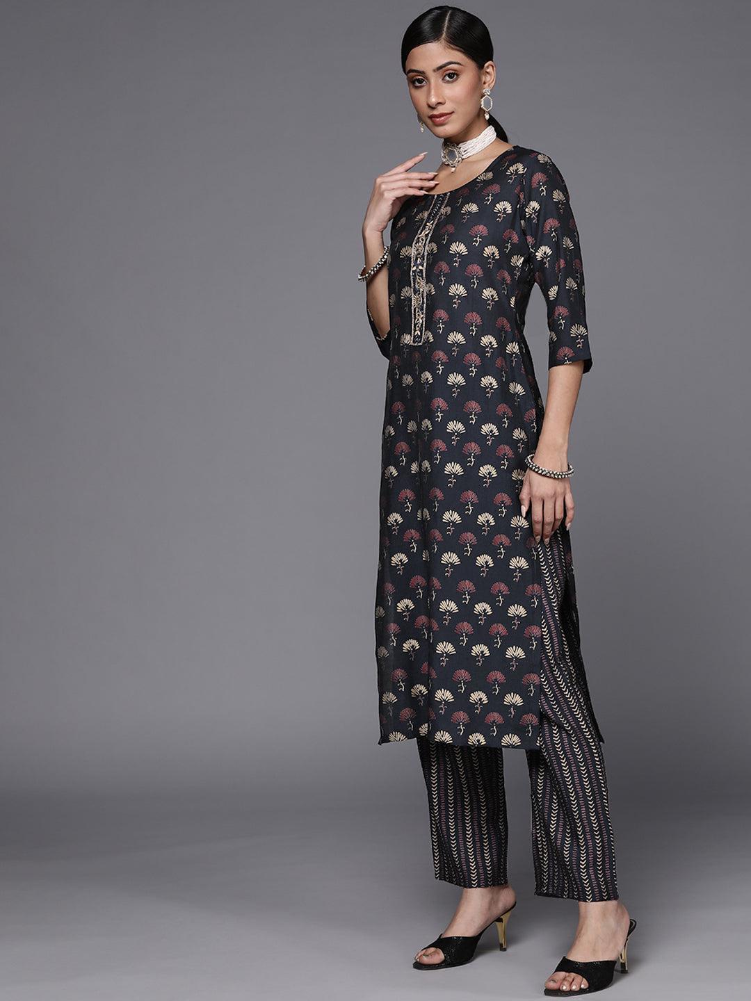 Navy Blue Printed Silk Blend Straight Suit Set - ShopLibas