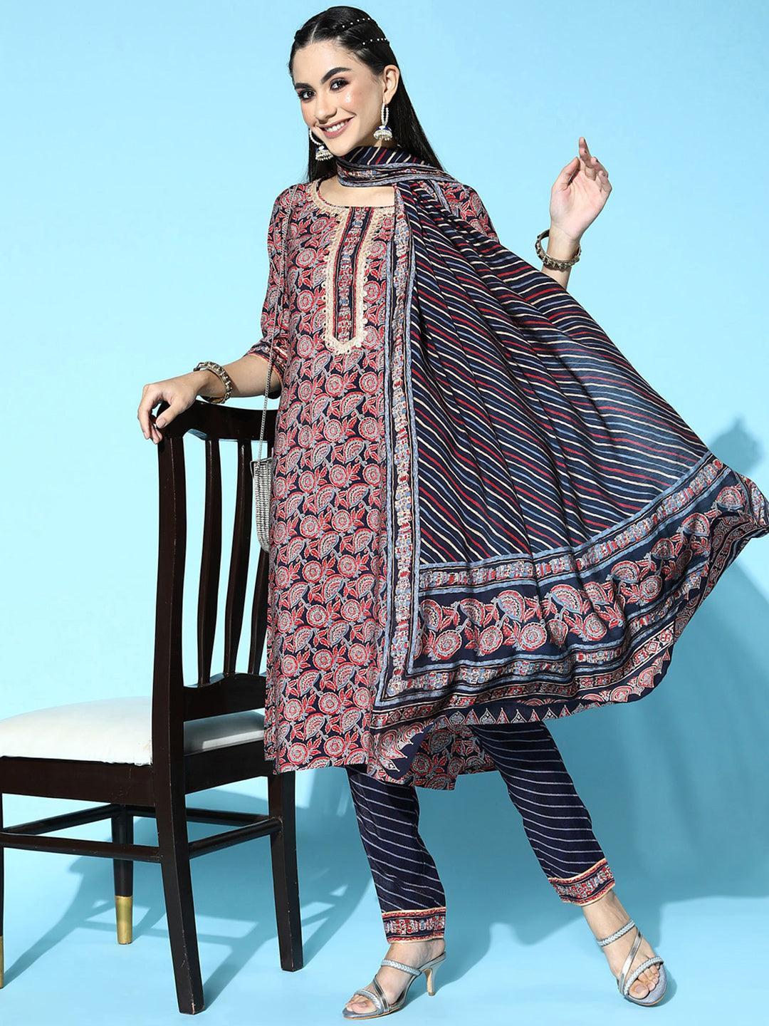 Navy Blue Printed Silk Blend Straight Suit Set - ShopLibas