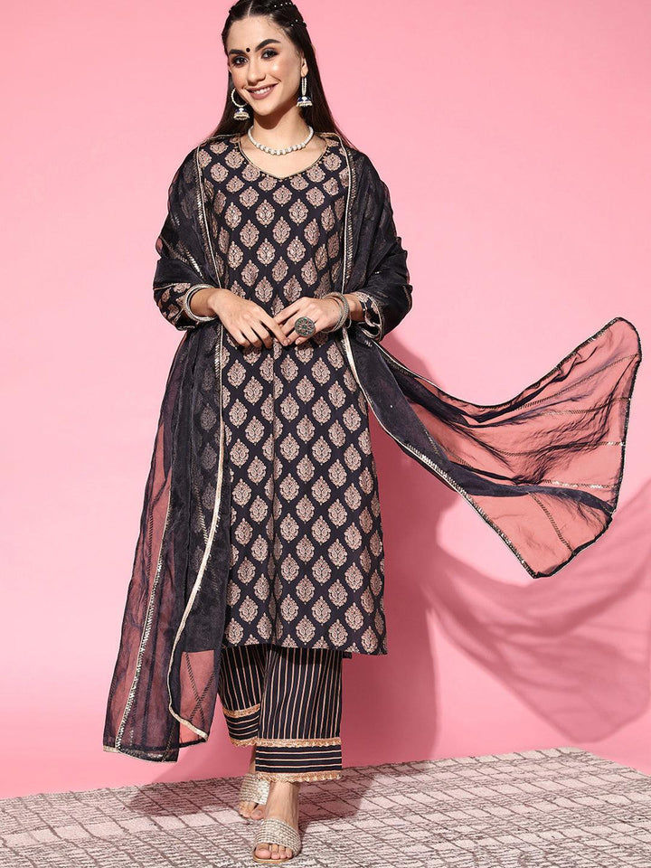 Navy Blue Printed Silk Blend Straight Suit Set - ShopLibas