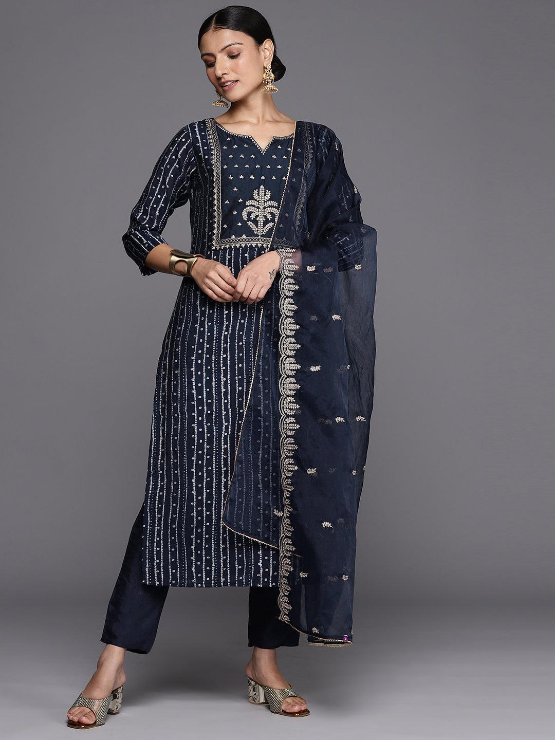 Navy Blue Printed Silk Blend Straight Kurta With Trousers & Dupatta - Libas