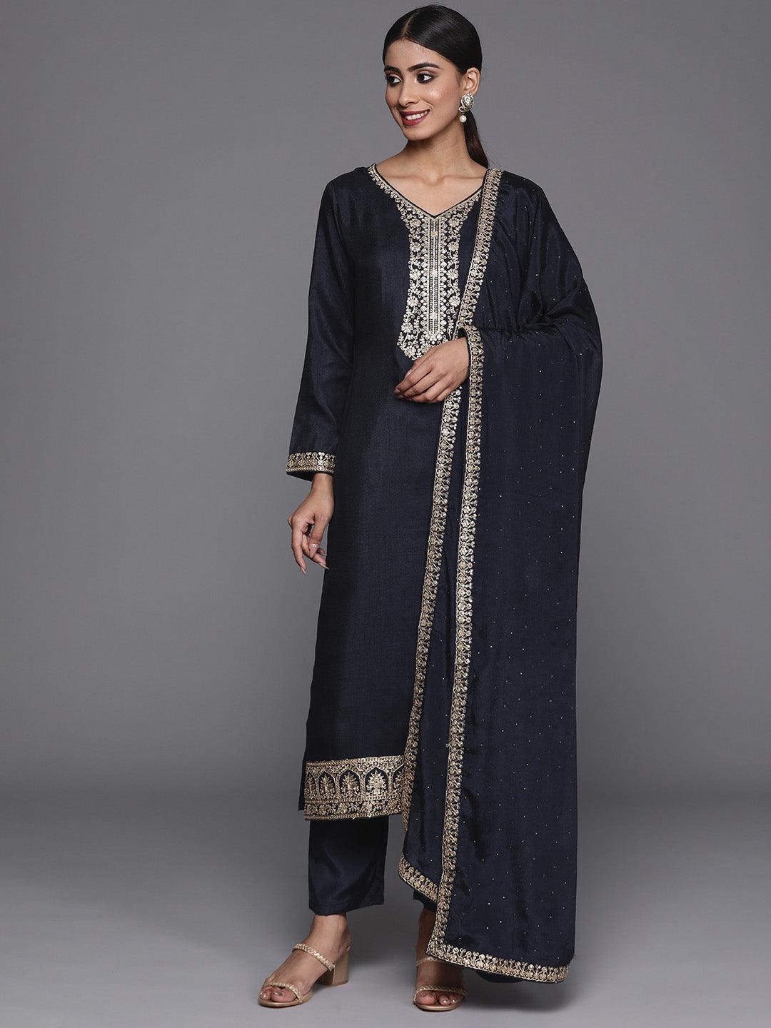 Navy Blue Printed Silk Blend Straight Kurta With Trousers & Dupatta