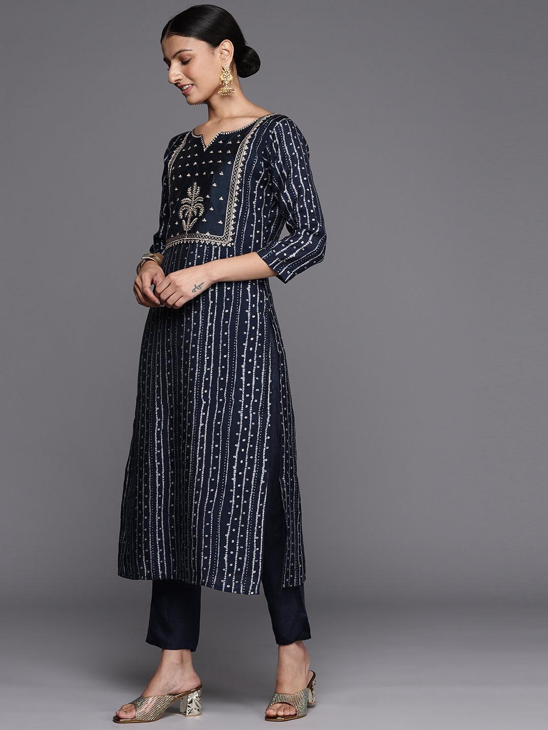 Navy Blue Printed Silk Blend Straight Kurta With Trousers & Dupatta - Libas