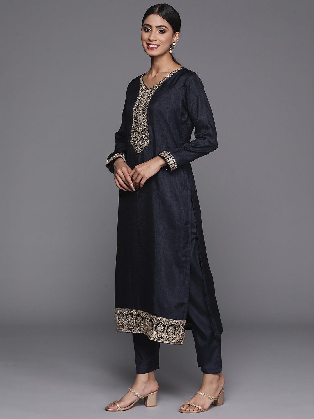 Navy Blue Printed Silk Blend Straight Kurta With Trousers & Dupatta