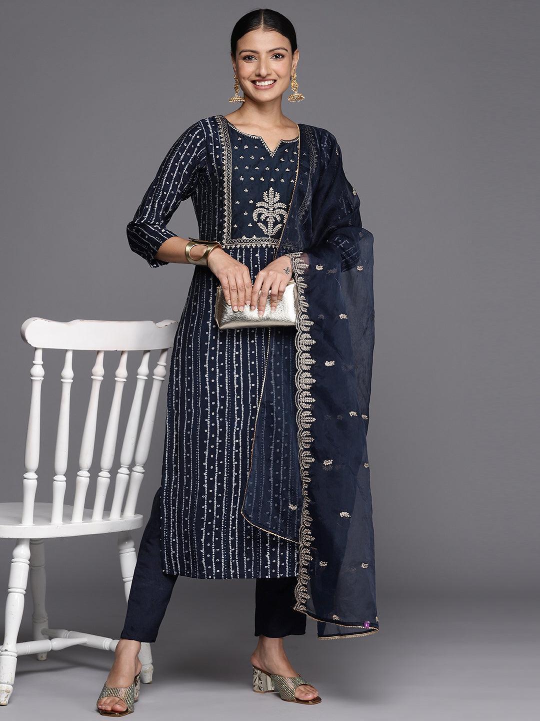 Navy Blue Printed Silk Blend Straight Kurta With Trousers & Dupatta