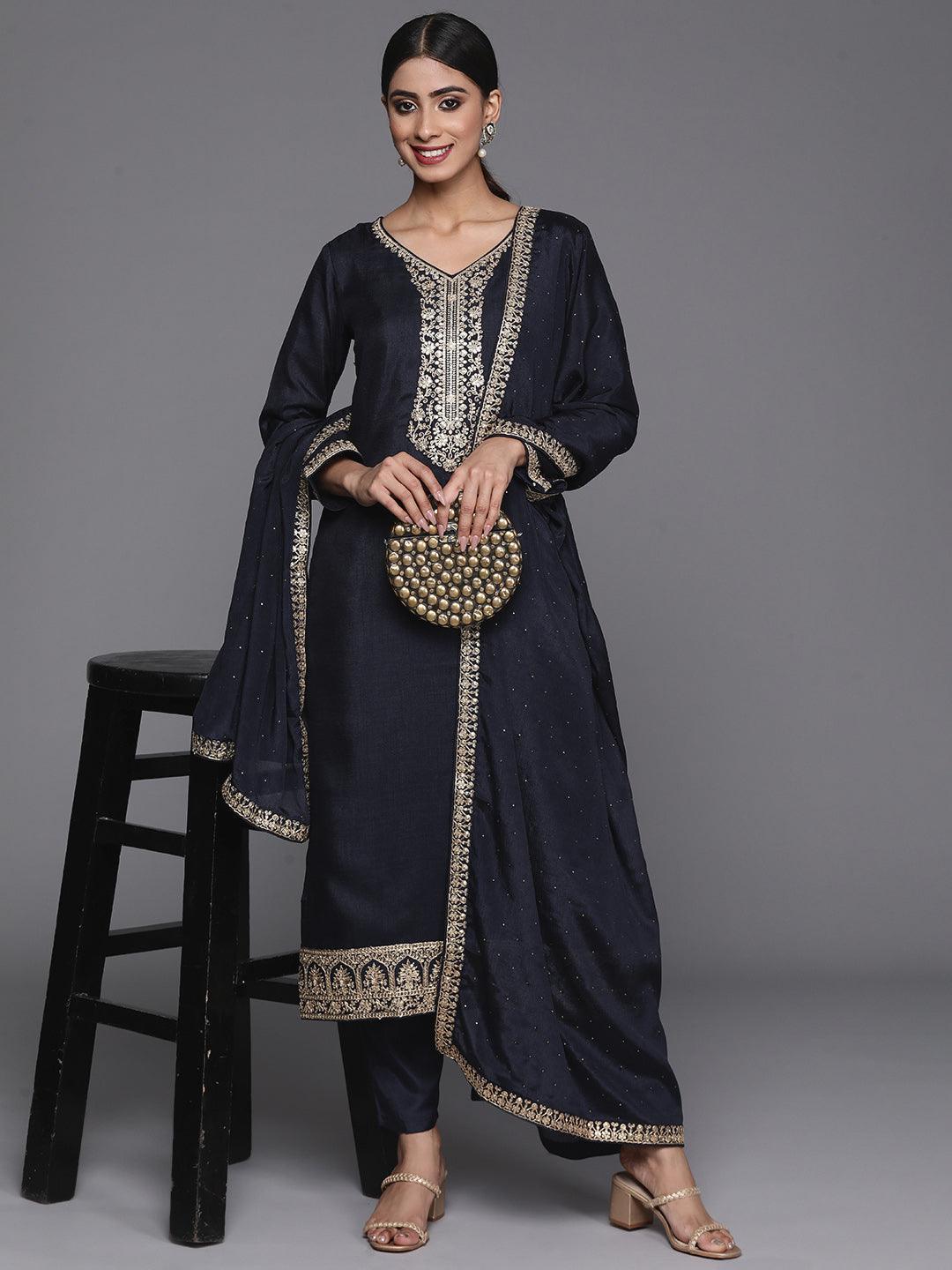 Navy Blue Printed Silk Blend Straight Kurta With Trousers & Dupatta