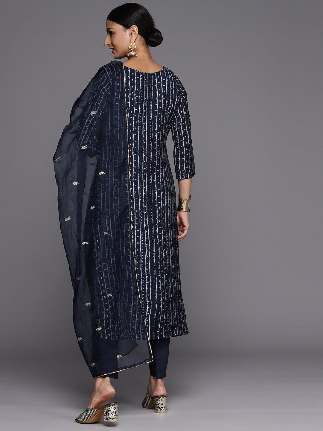 Navy Blue Printed Silk Blend Straight Kurta With Trousers & Dupatta