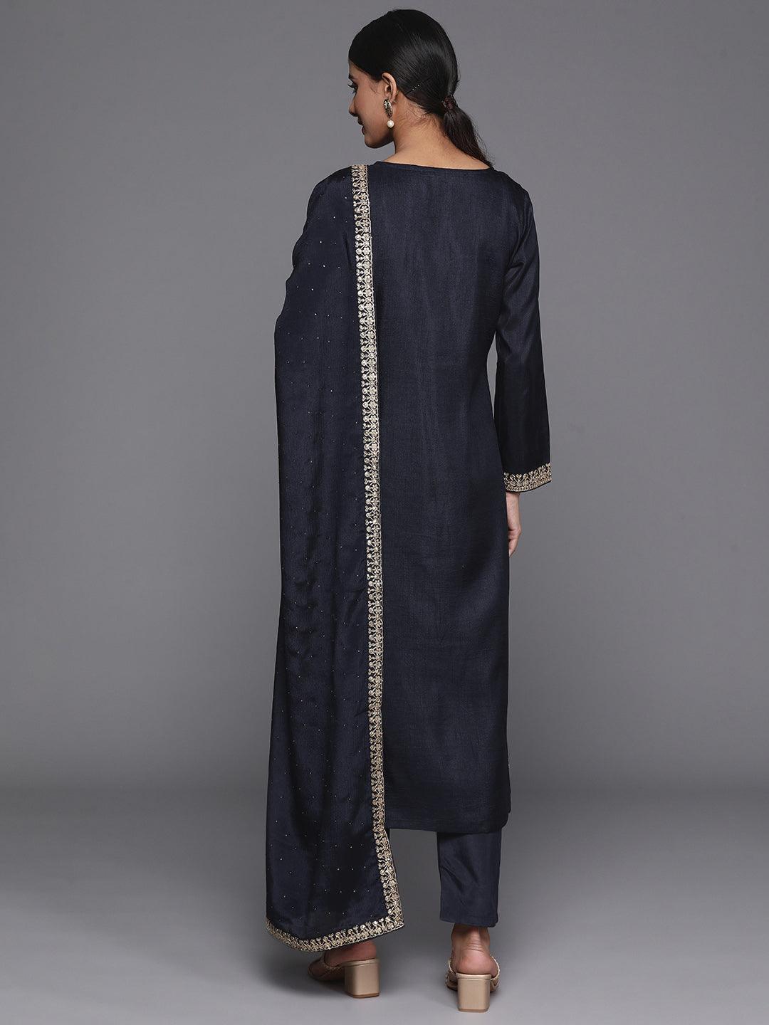 Navy Blue Printed Silk Blend Straight Kurta With Trousers & Dupatta