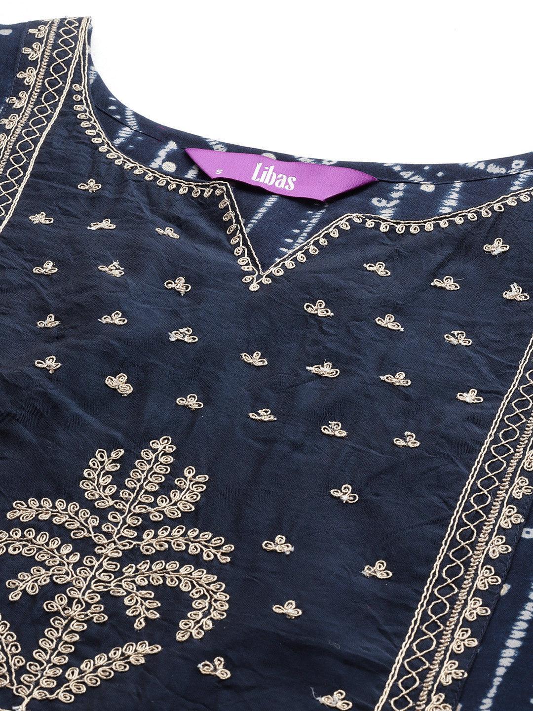 Navy Blue Printed Silk Blend Straight Kurta With Trousers & Dupatta