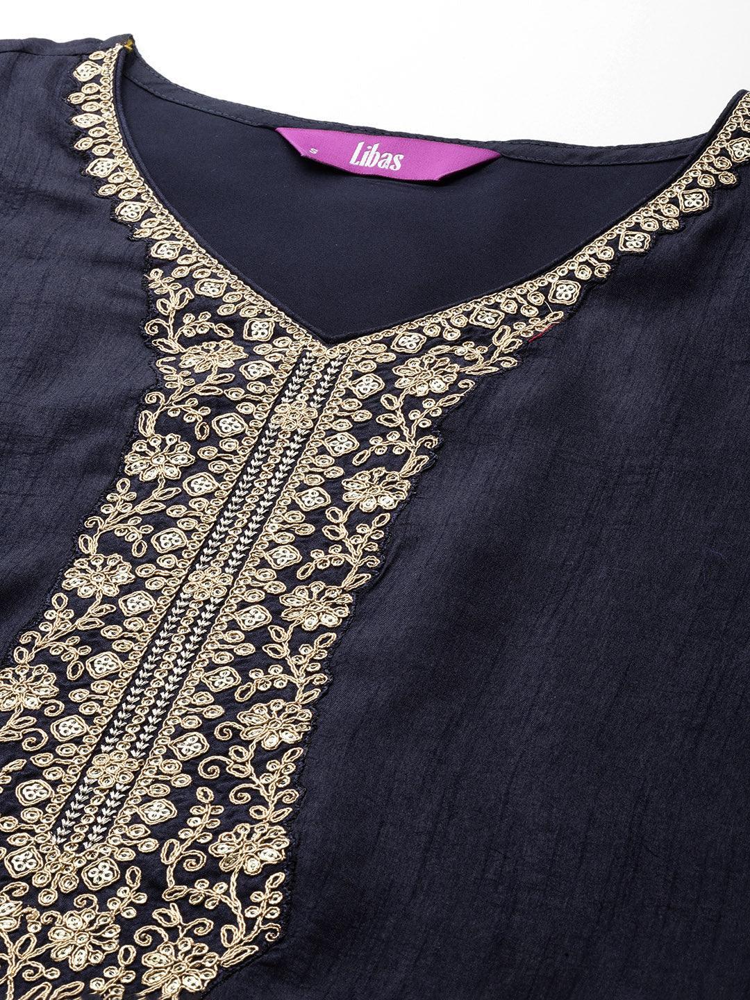 Navy Blue Printed Silk Blend Straight Kurta With Trousers & Dupatta