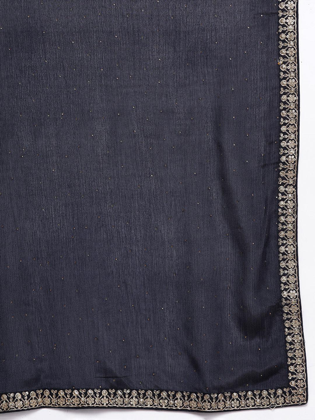 Navy Blue Printed Silk Blend Straight Kurta With Trousers & Dupatta