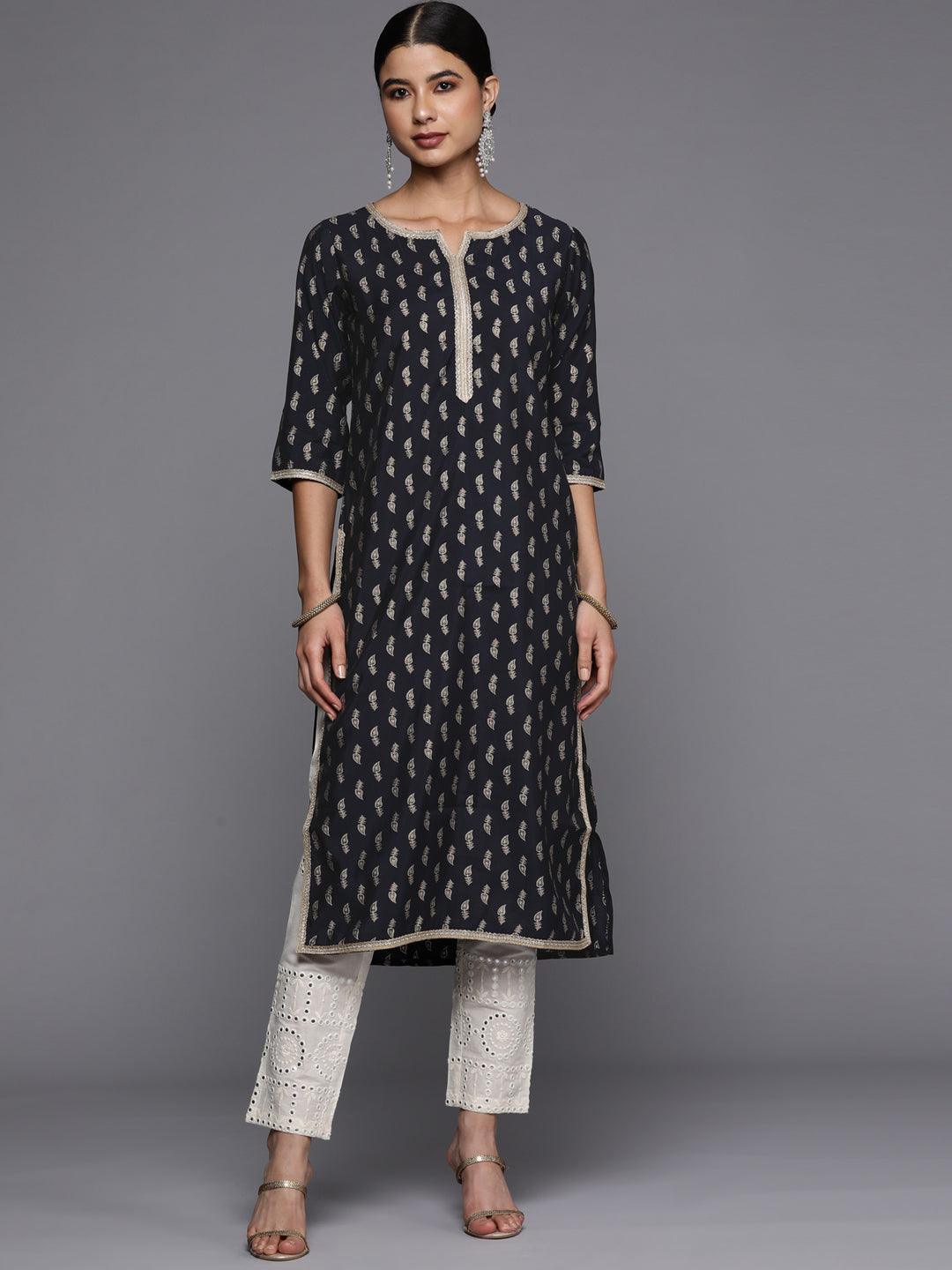 Navy Blue Printed Silk Straight Kurta