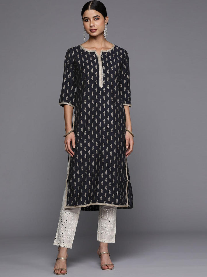 Navy Blue Printed Silk Straight Kurta - ShopLibas