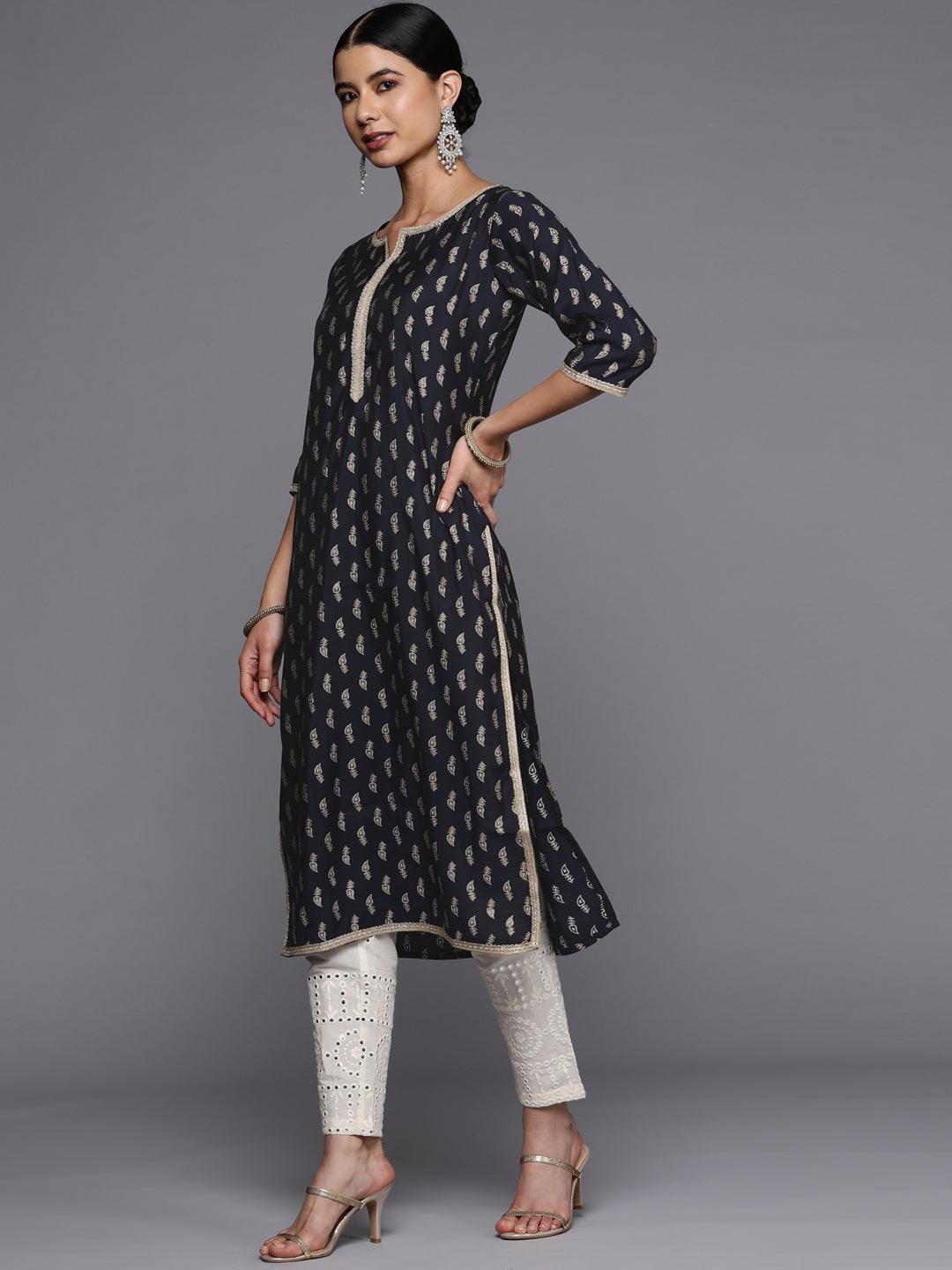 Navy Blue Printed Silk Straight Kurta