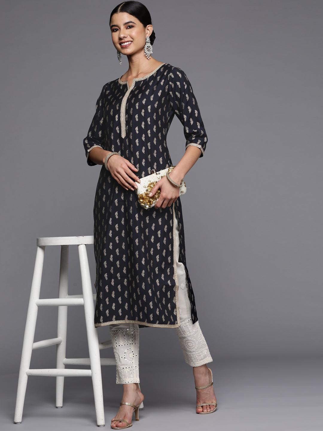 Navy Blue Printed Silk Straight Kurta - ShopLibas