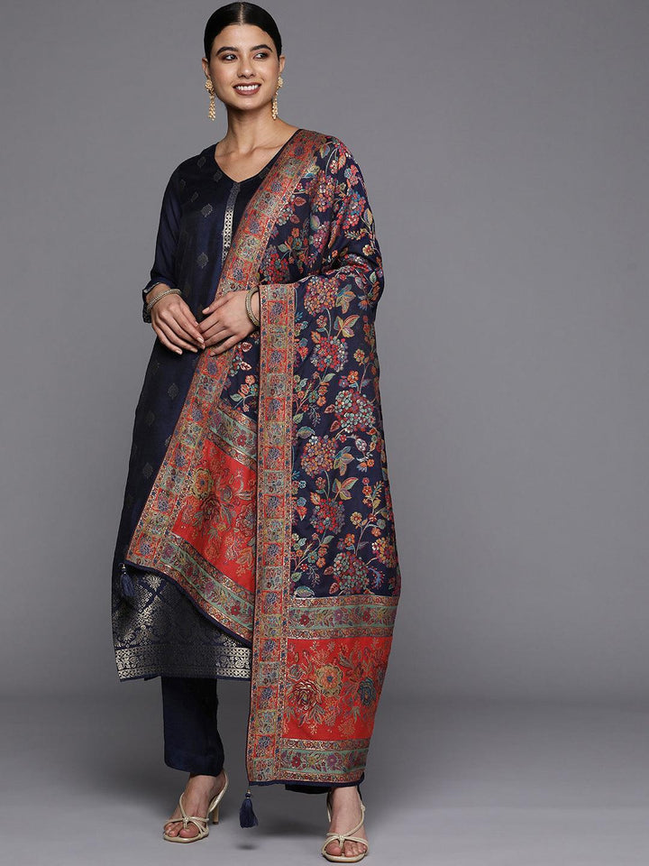 Navy Blue Self Design Silk Blend Straight Suit Set - ShopLibas