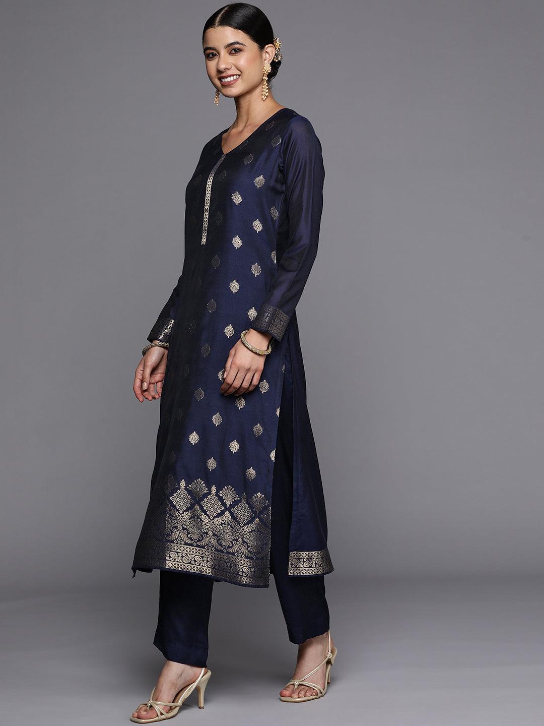 Navy Blue Self Design Silk Blend Straight Suit Set