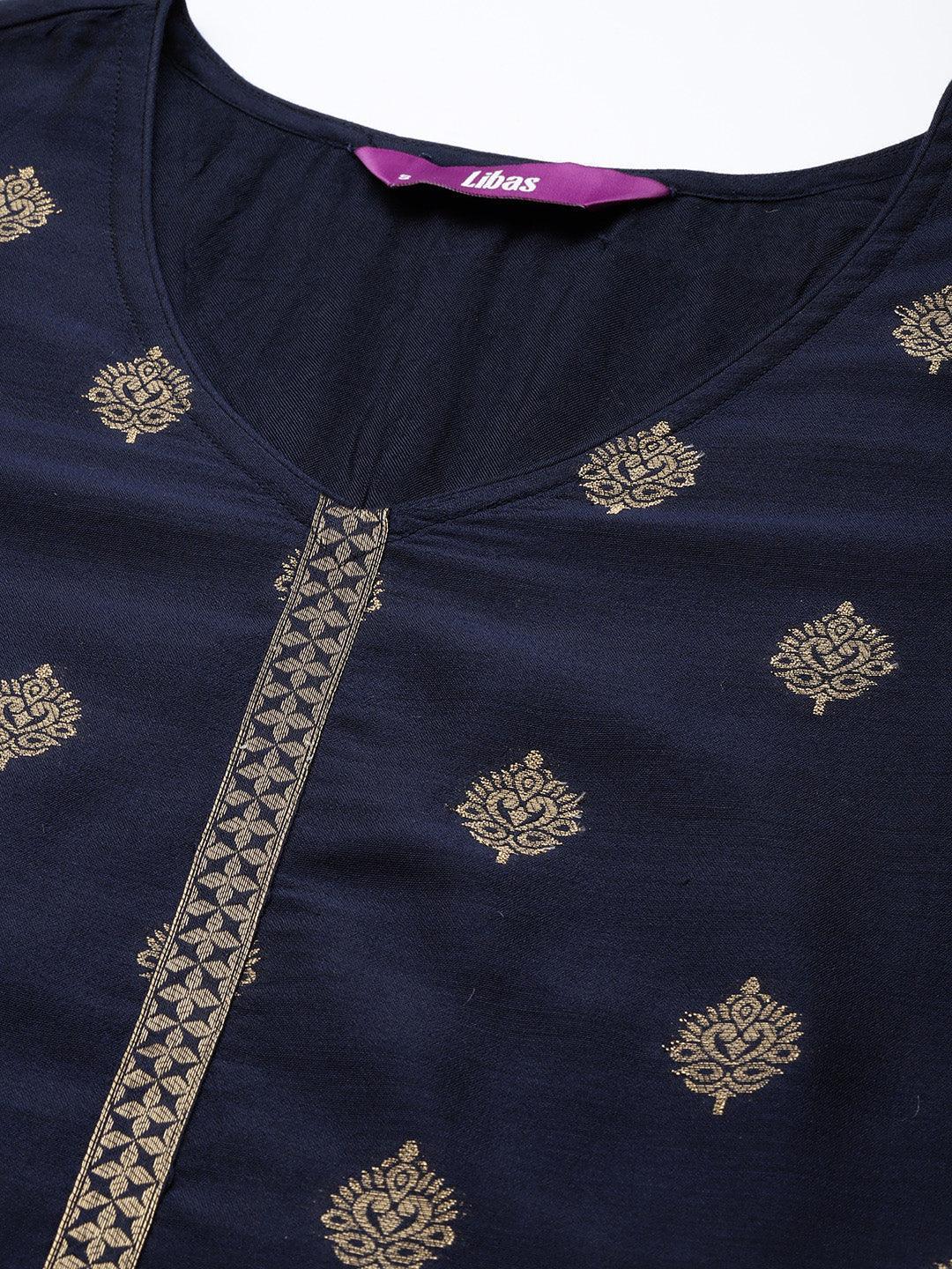 Navy Blue Self Design Silk Blend Straight Suit Set