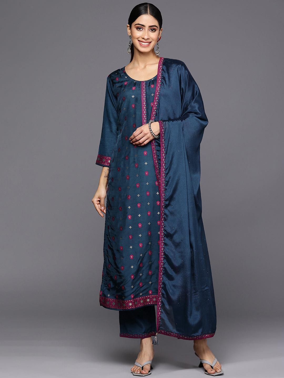 Navy Blue Self Design Silk Blend Straight Suit Set With Trousers