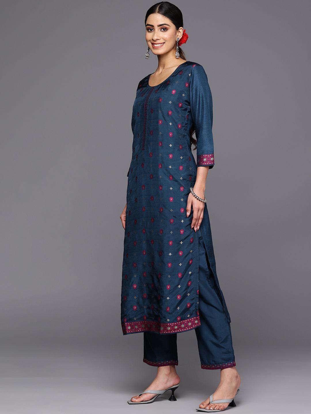 Navy Blue Self Design Silk Blend Straight Suit Set With Trousers