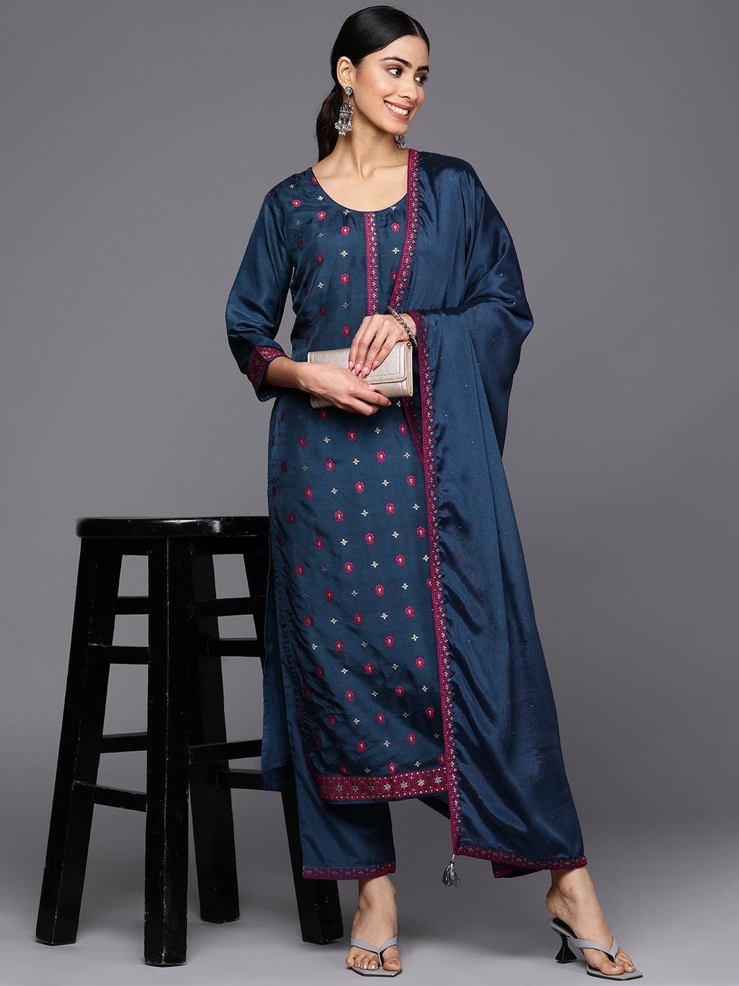 Navy Blue Self Design Silk Blend Straight Suit Set With Trousers