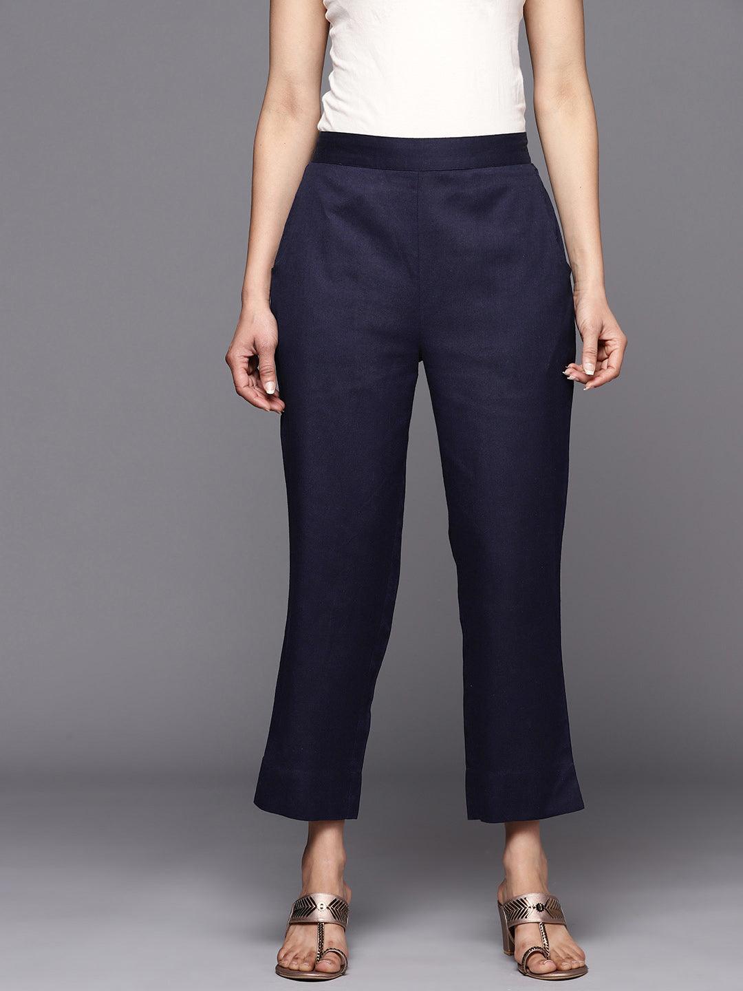 Navy Blue Solid Cotton Trousers - ShopLibas