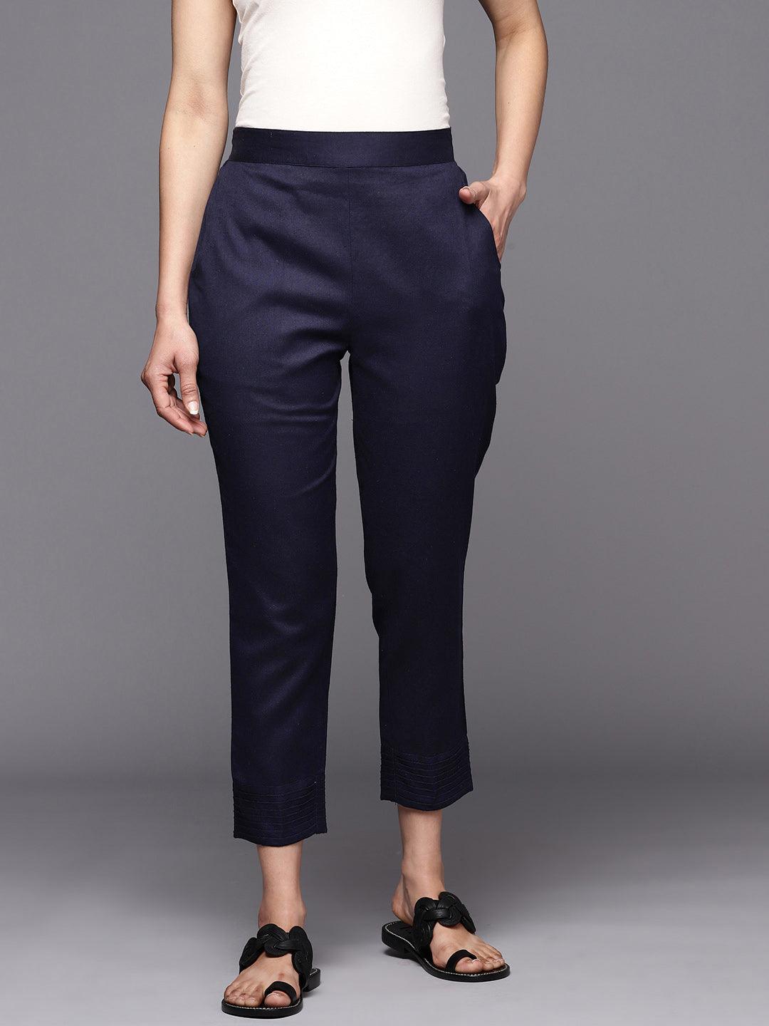 Navy Blue Solid Cotton Trousers - ShopLibas