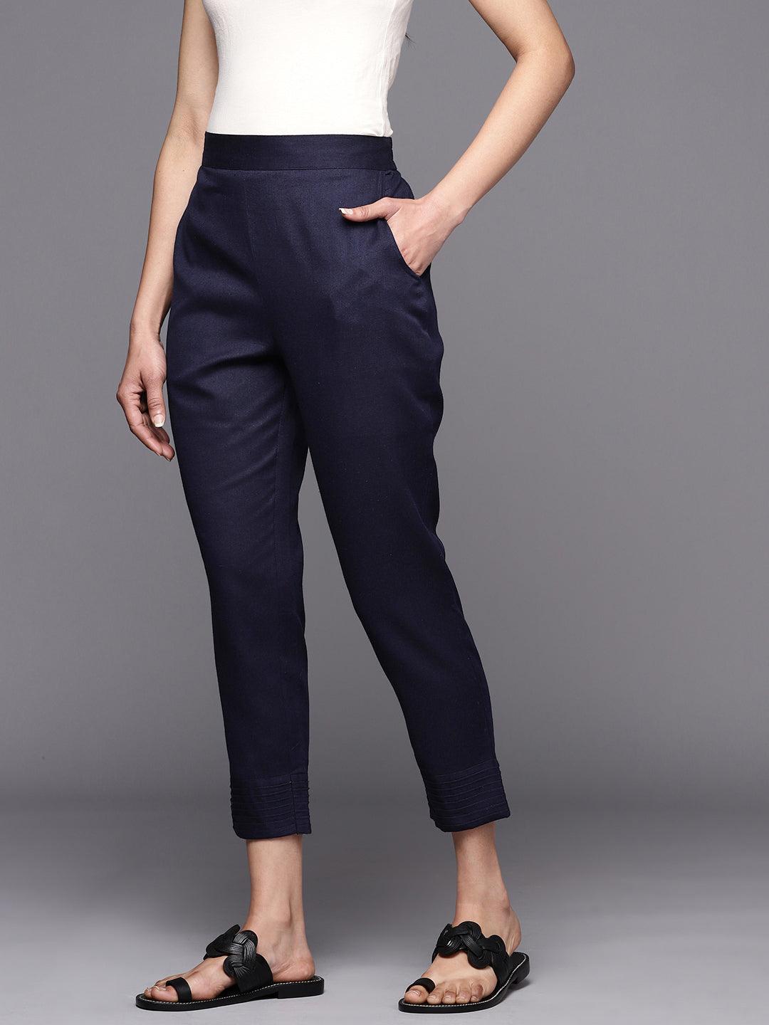 Navy Blue Solid Cotton Trousers - ShopLibas