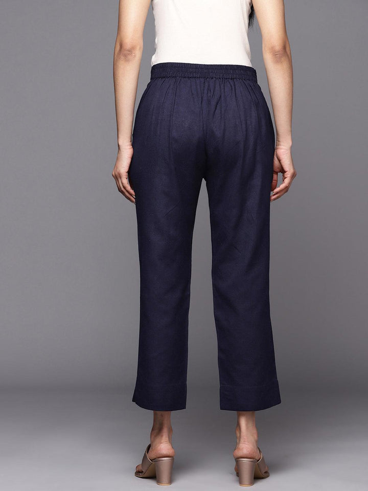 Navy Blue Solid Cotton Trousers - ShopLibas