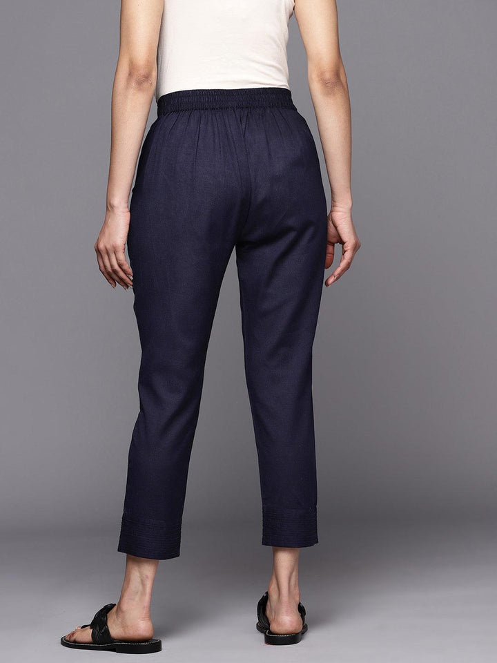 Navy Blue Solid Cotton Trousers - ShopLibas