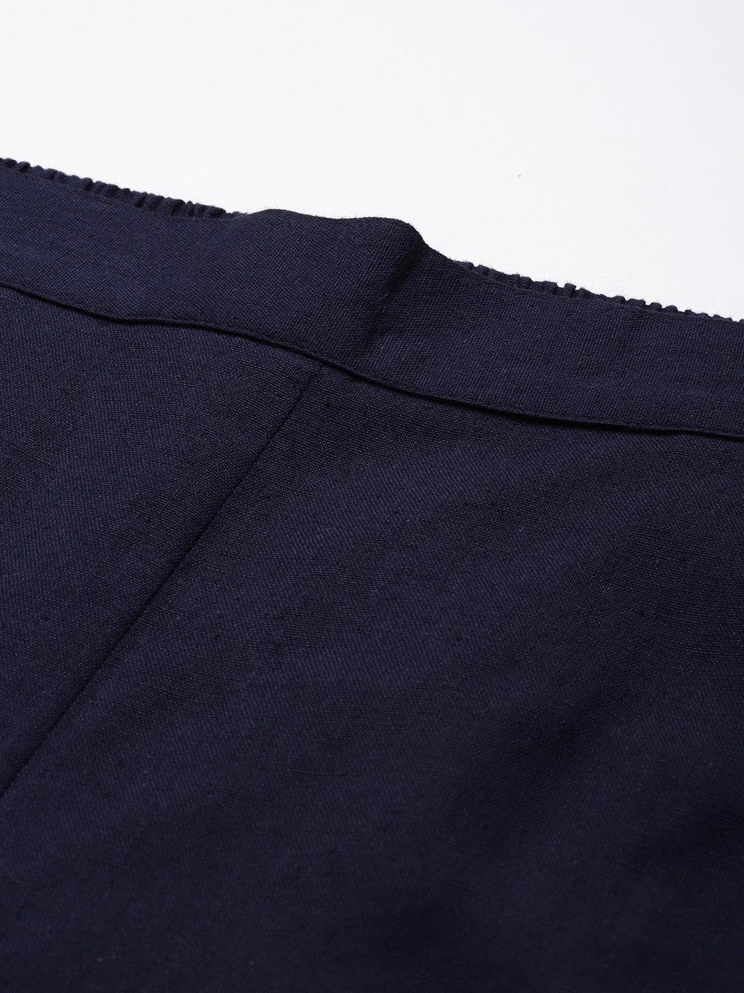 Navy Blue Solid Cotton Trousers - ShopLibas