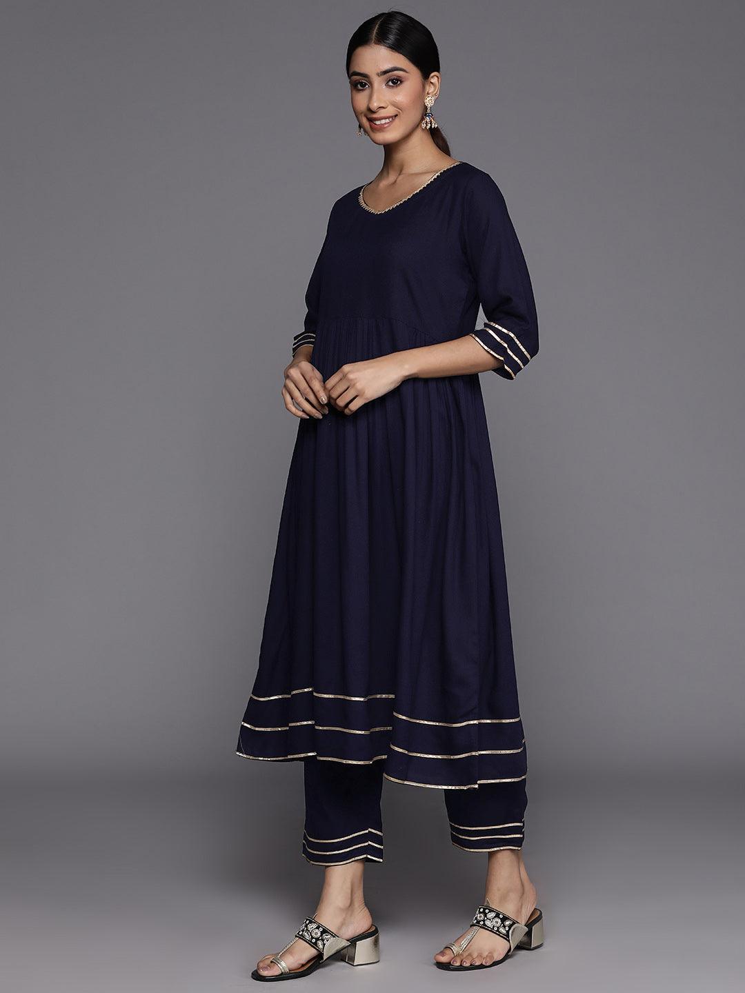 Navy Blue Solid Rayon Suit Set With Trousers