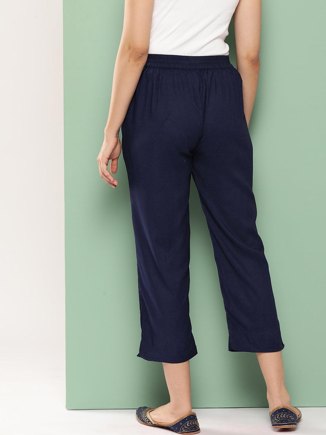 Navy Blue Solid Rayon Trousers