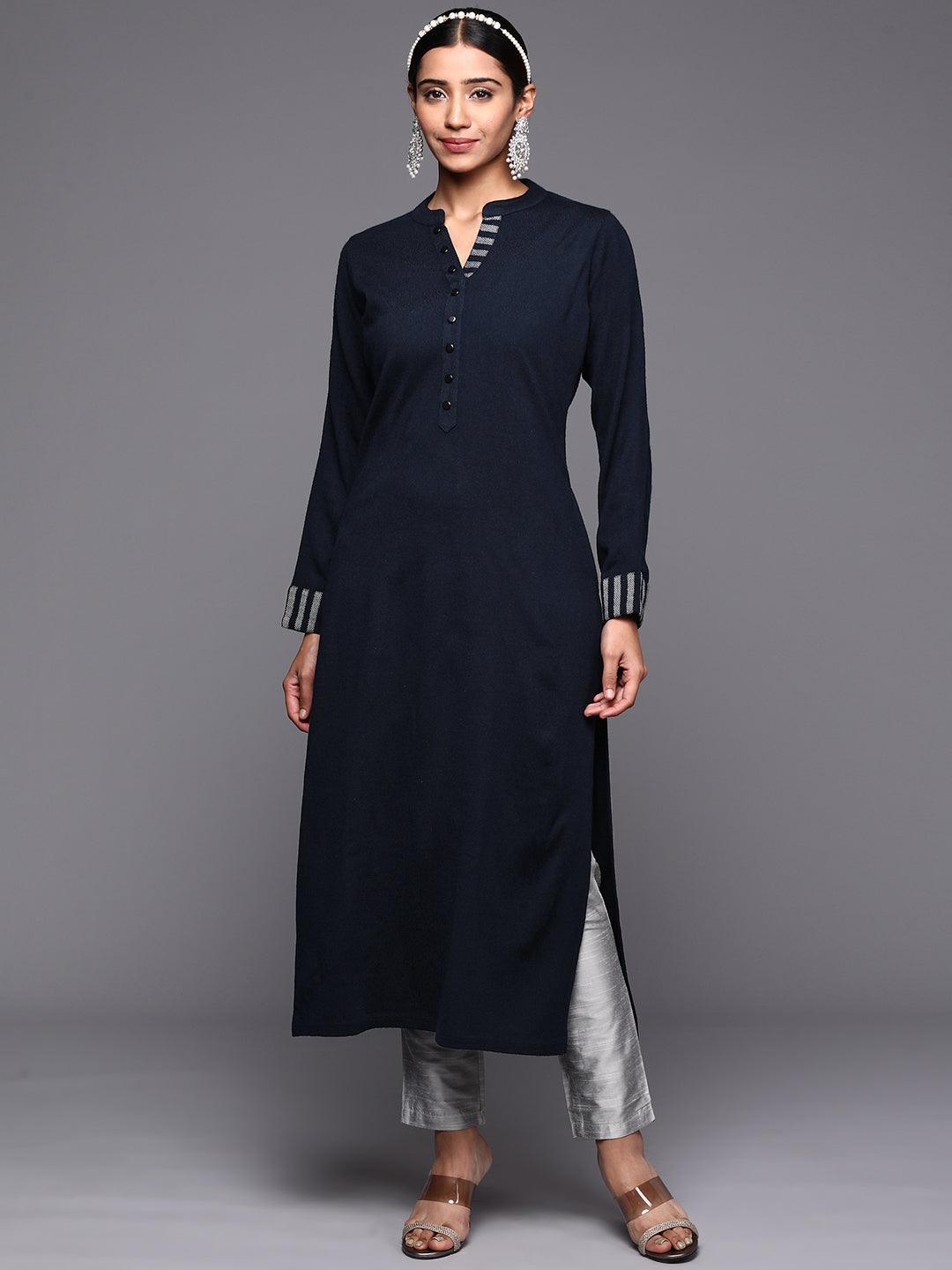 Navy Blue Solid Wool Straight Kurta