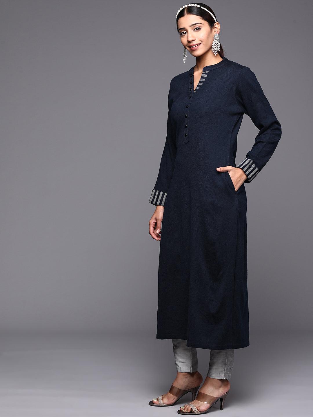 Navy Blue Solid Wool Straight Kurta