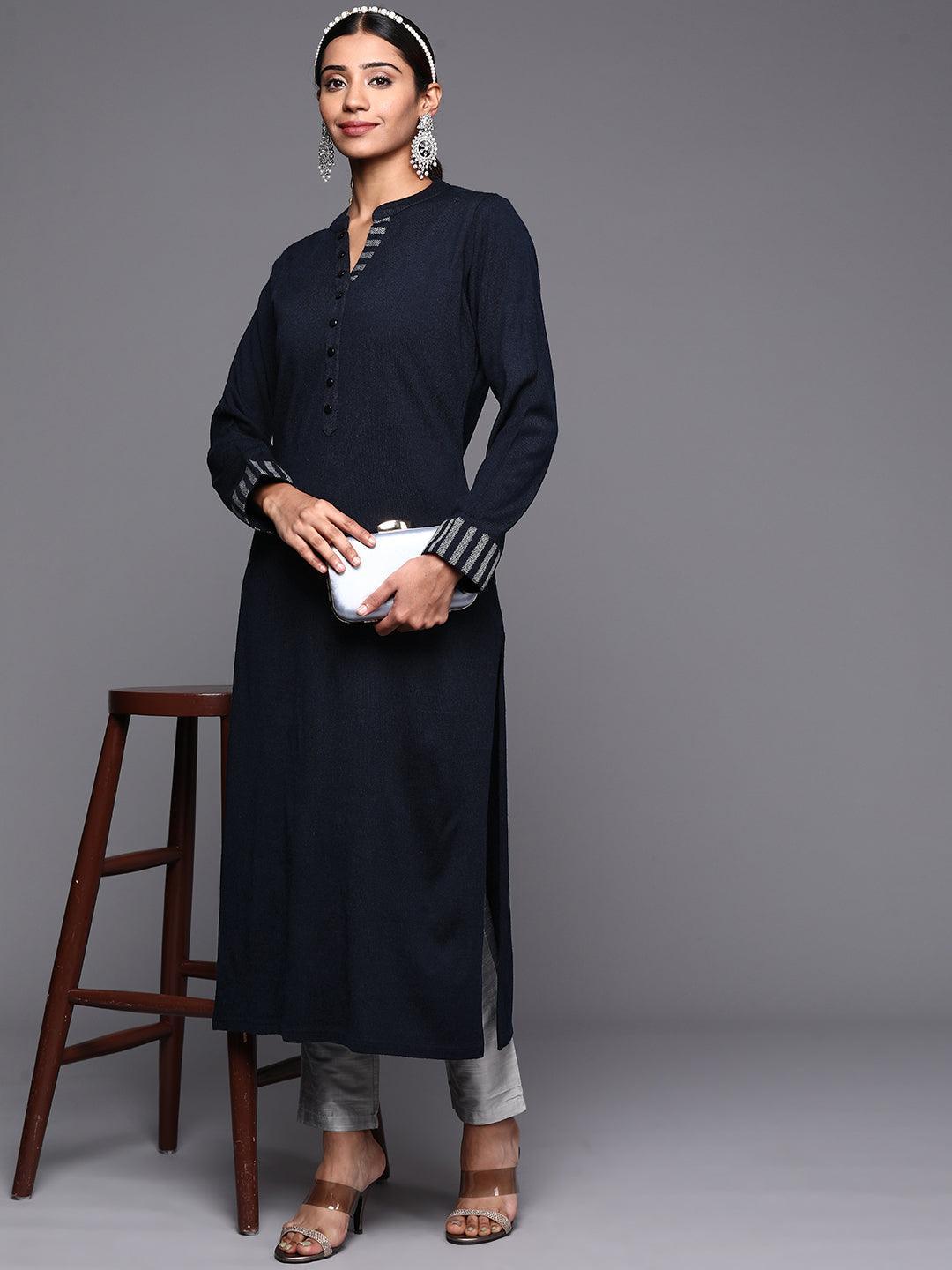 Navy Blue Solid Wool Straight Kurta