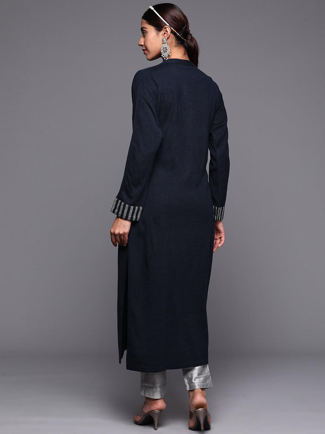 Navy Blue Solid Wool Straight Kurta