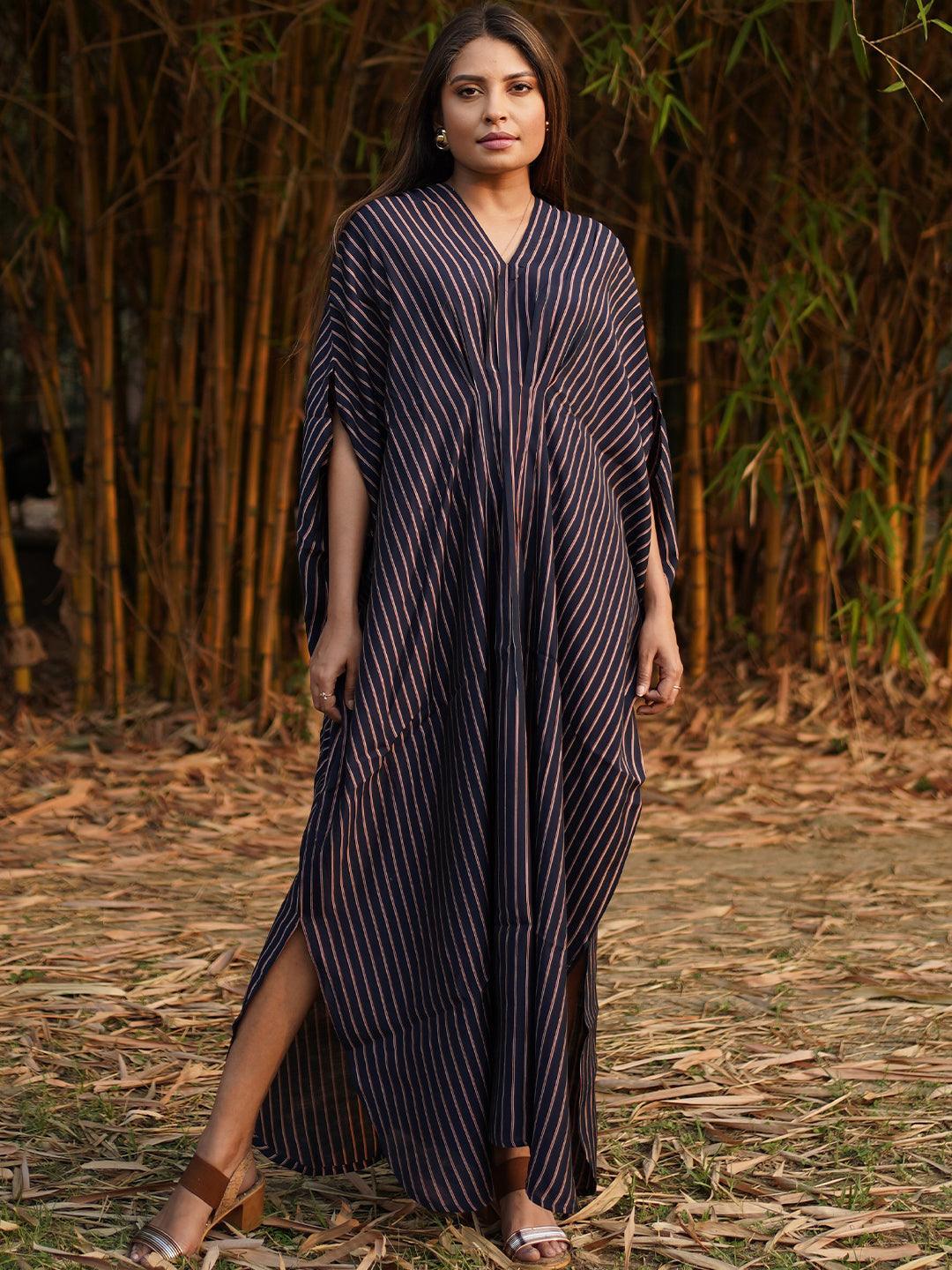 Navy Blue Striped Silk Dress - ShopLibas