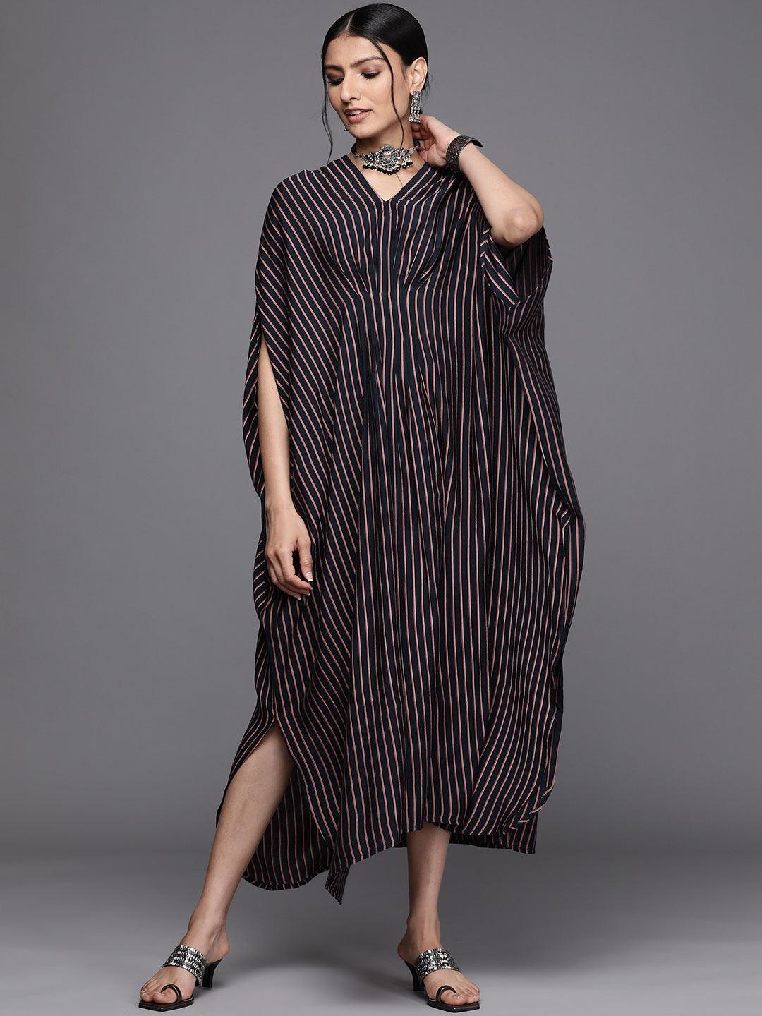 Navy Blue Striped Silk Dress