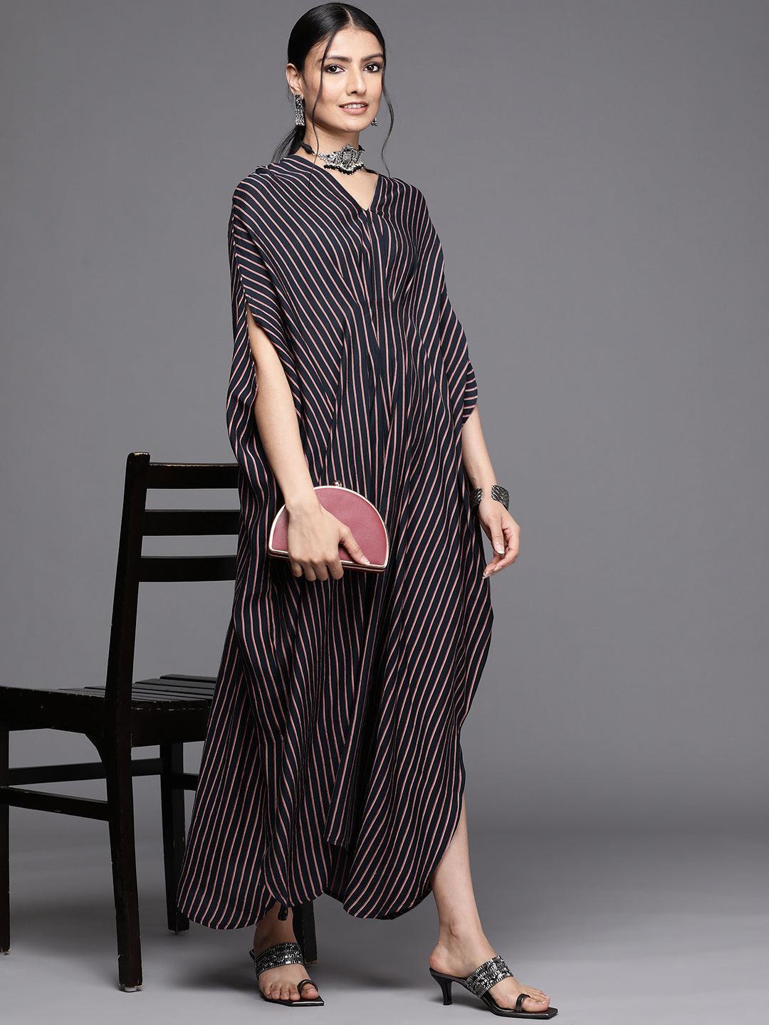 Navy Blue Striped Silk Dress