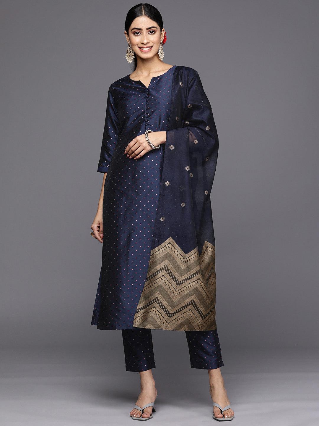 Navy Blue Woven Design Art Silk Straight Suit Set With Trousers - ShopLibas