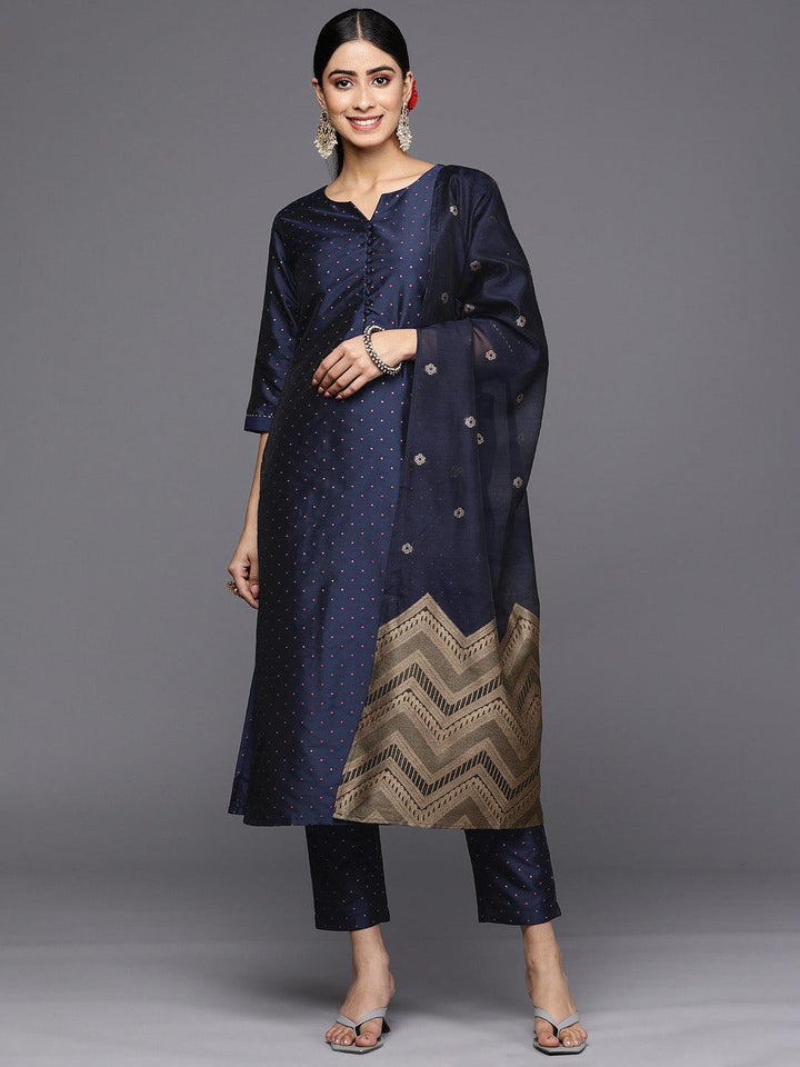 Navy Blue Woven Design Art Silk Straight Suit Set With Trousers - ShopLibas