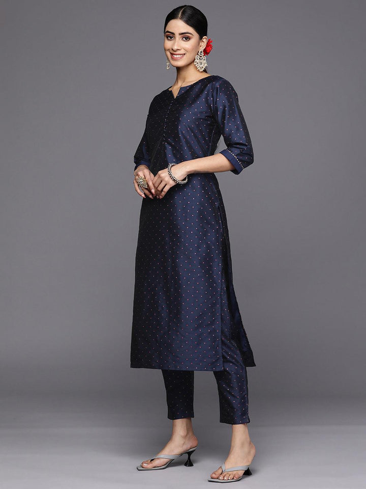 Navy Blue Woven Design Art Silk Straight Suit Set With Trousers - ShopLibas