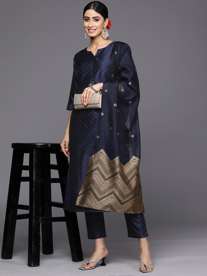 Navy Blue Woven Design Art Silk Straight Suit Set With Trousers - ShopLibas