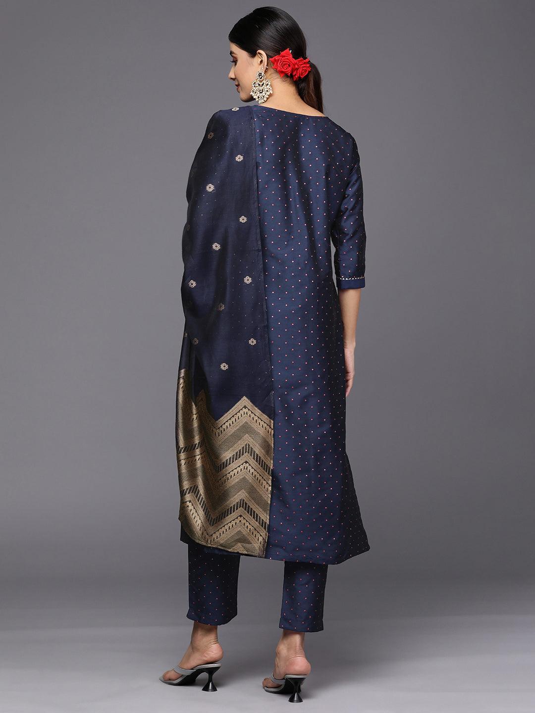 Navy Blue Woven Design Art Silk Straight Suit Set With Trousers - ShopLibas