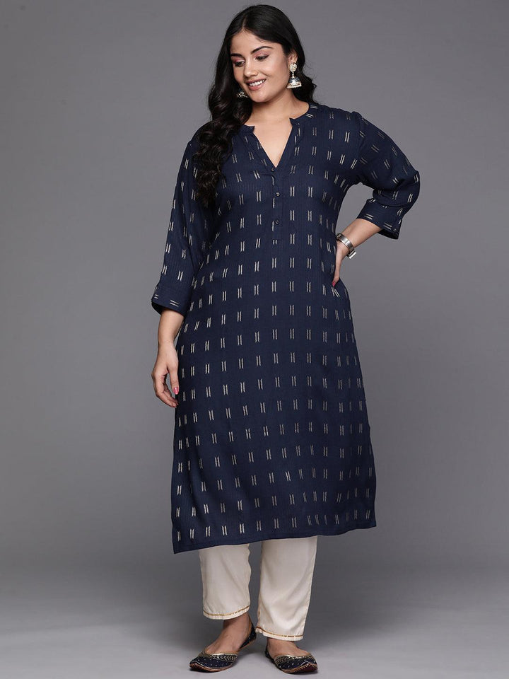 Navy Blue Woven Design Rayon Straight Kurta - Libas