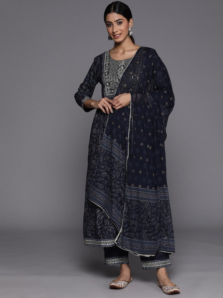 Navy Blue Yoke Design Rayon A-Line Suit Set With Trousers - ShopLibas